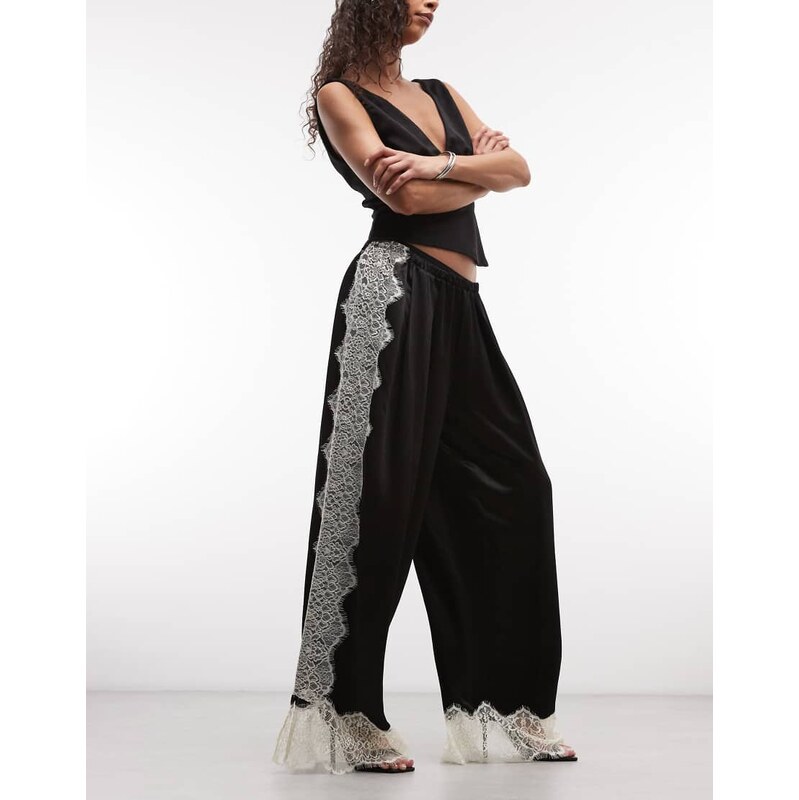 ASOS DESIGN satin wide leg trousers with lace in black
