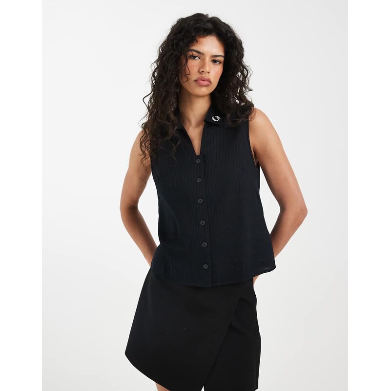 Fred Perry sheer stripe sleeveless shirt in black 115043350