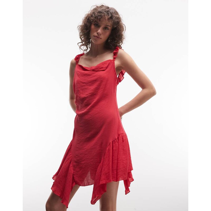 Monki asymmetric ruffle mini dress in red