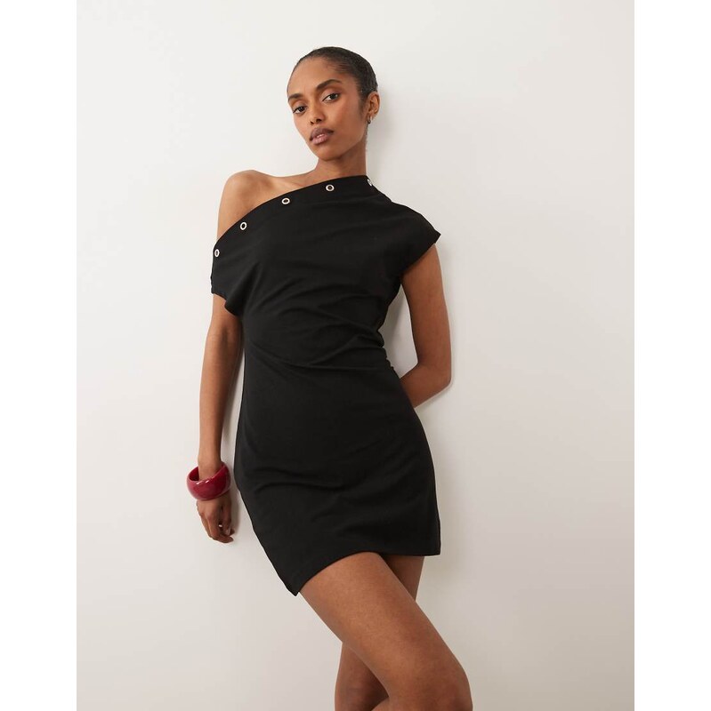 ASOS DESIGN eyelet detail off the shoulder mini dress in black