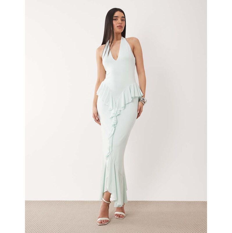 Ruched & Ready sculpting jersey halterneck open back ruffle drape 115521897