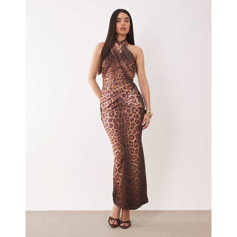 Ruched & Ready mesh cross front halterneck drape waist detail maxi 114975189