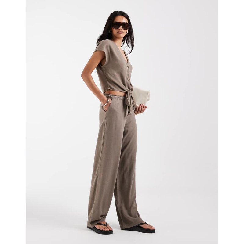 ONLY linen mix pull on wide leg trouser co-ord in light brown 115521935