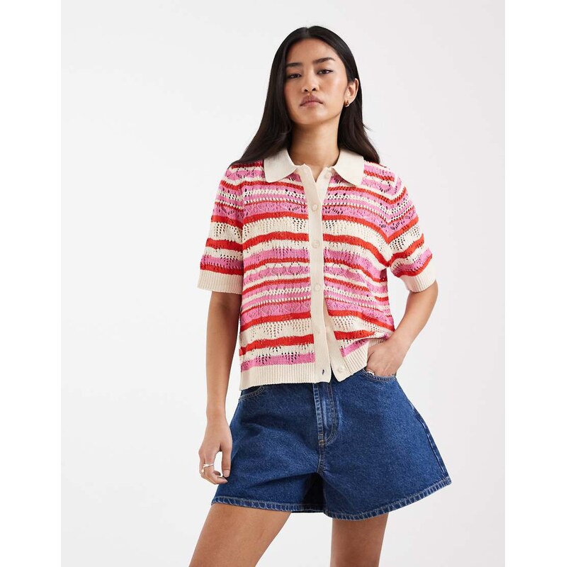ONLY short sleeve crochet cardigan in beige & pink stripe