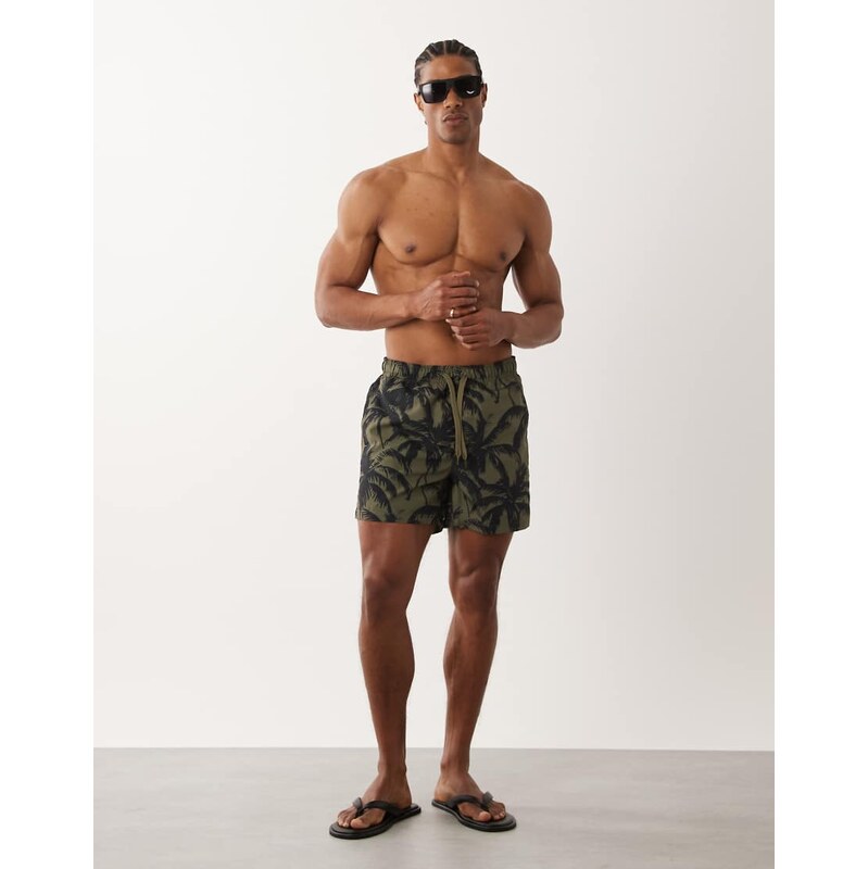ONLY & SONS swim shorts in olive and black palm print