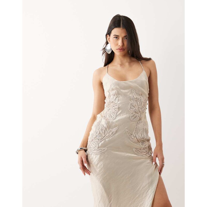 ASOS DESIGN crinkle satin scoop neck cami midi dress with floral embellishment in silver