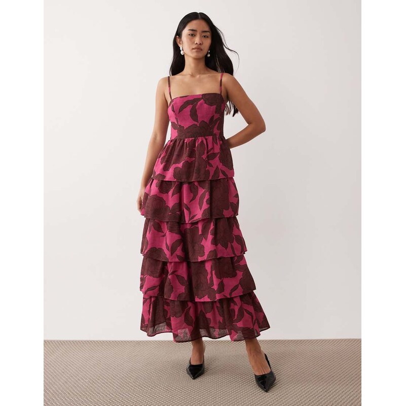 Pretty Lavish linen blend tiered skirt midaxi cami dress in