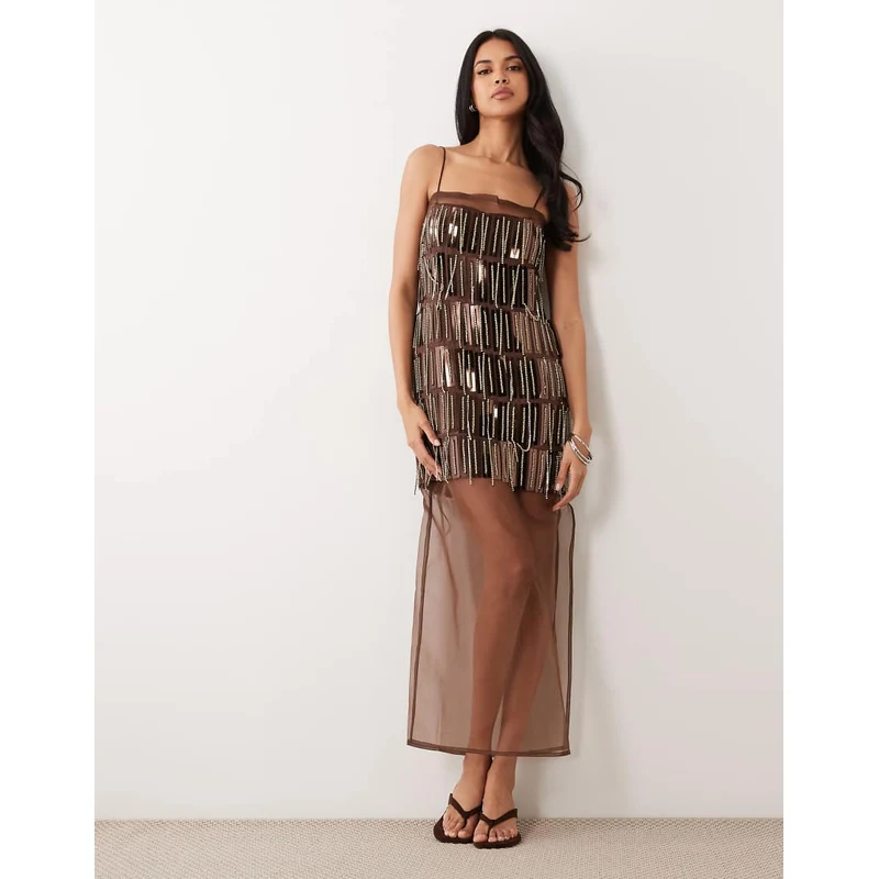 asos design short sleeve slinky maxi dress in khaki ASOS DESIGN slinky cap sleeve maxi dress with seam detail in brown