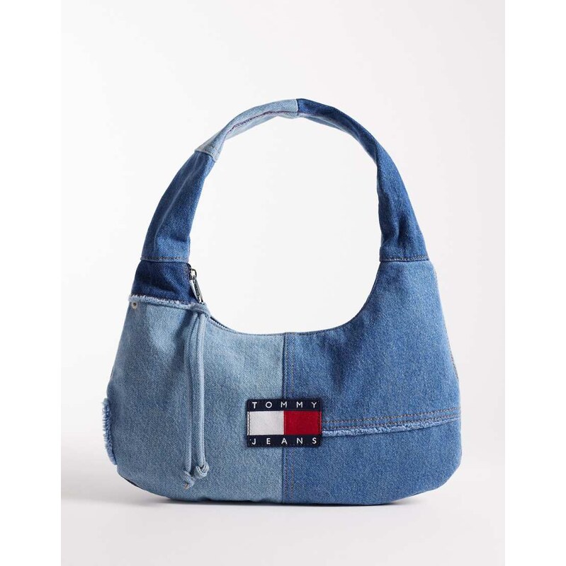 Tommy Jeans patchwork denim shoulder bag with logo in blue 114975107