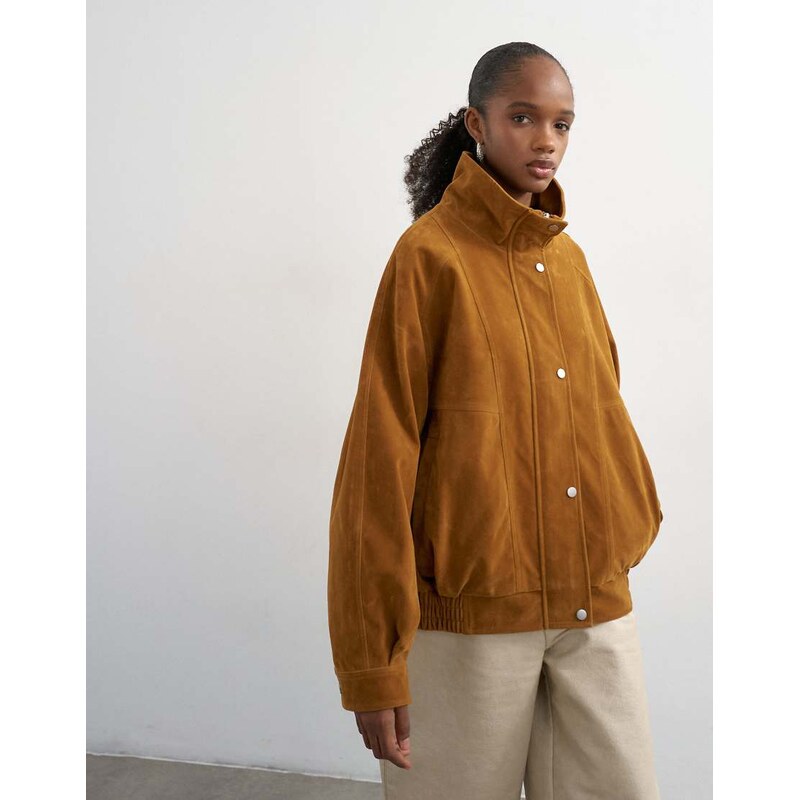 Topshop faux suede funnel neck bomber jacket in tan-Neutral 114975129