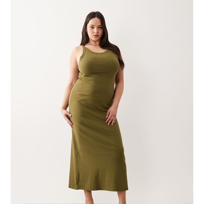 ASOS Curve ASOS DESIGN Curve ribbed tank midi dress in olive