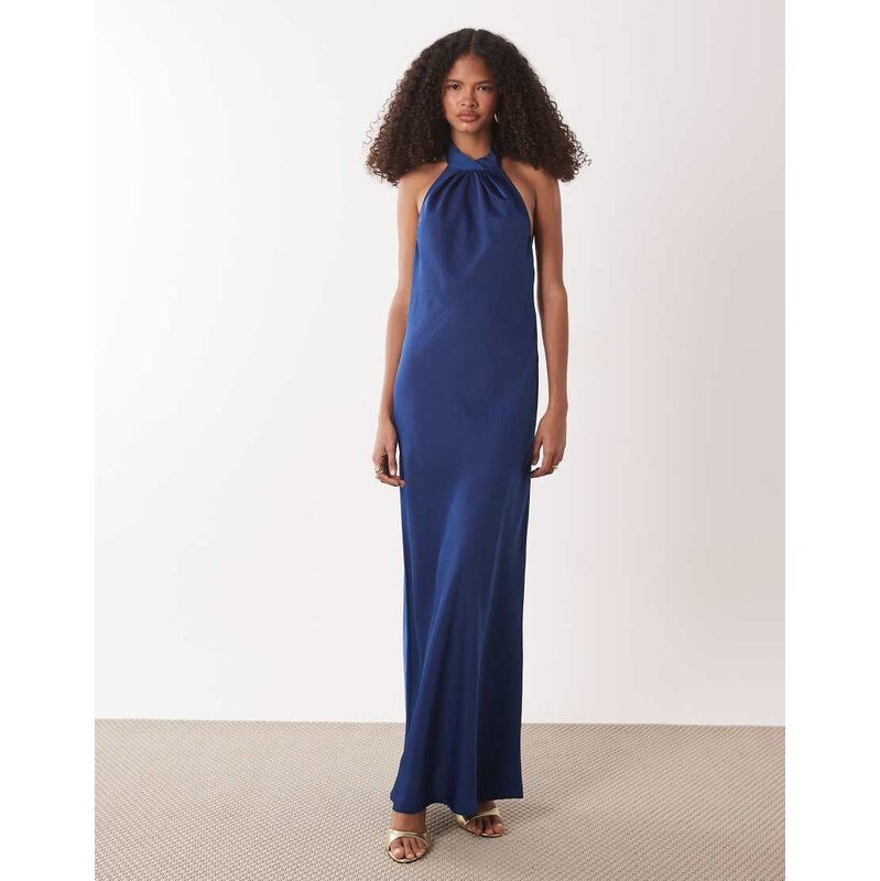 JDY halter neck satin maxi dress in navy