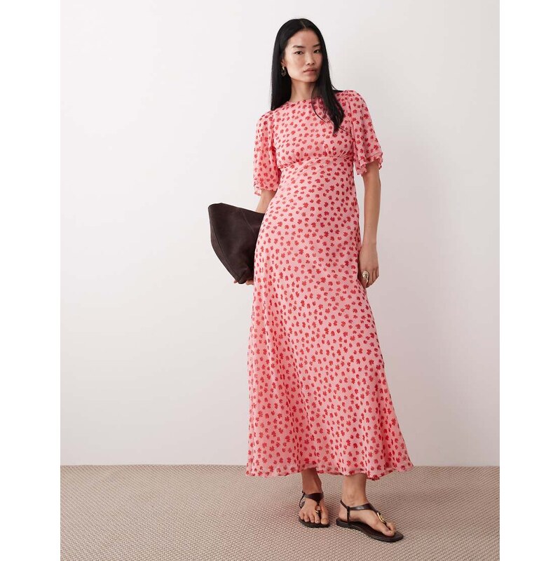 Wednesdays Girl floral print high neck ruffle sleeve maxi dress