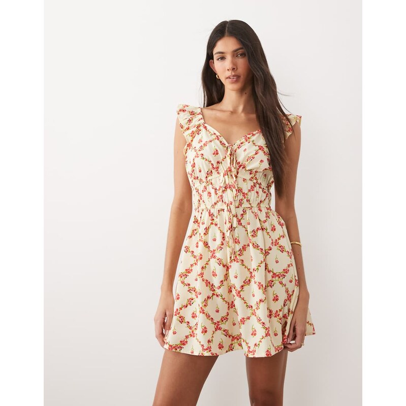 Wednesdays Girl ruffle detail milkmaid minidress in rose print-White 114975181