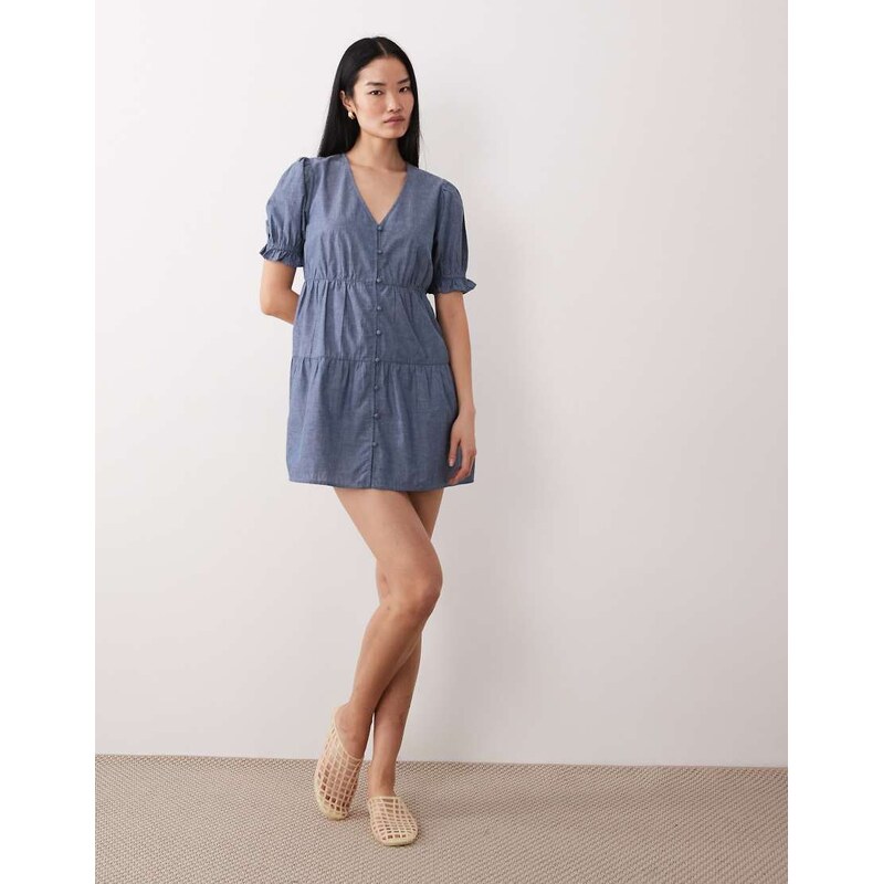 Wednesdays Girl chambray smock mini dress in blue