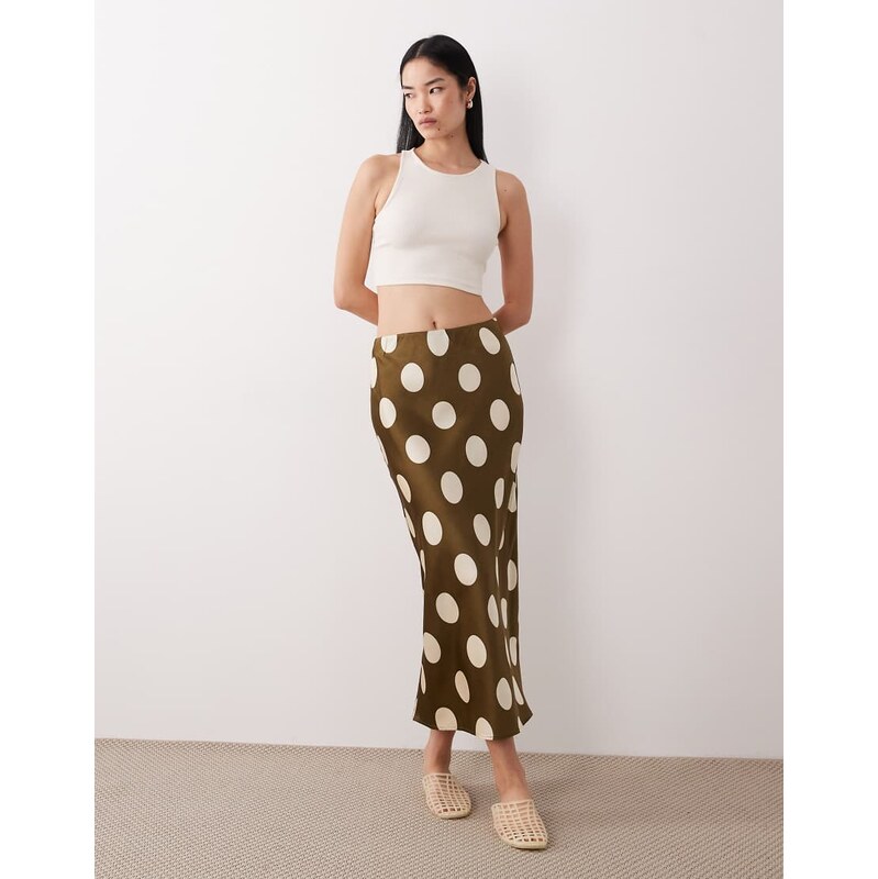 Wednesdays Girl satin bias cut midaxi skirt in khaki polka dot