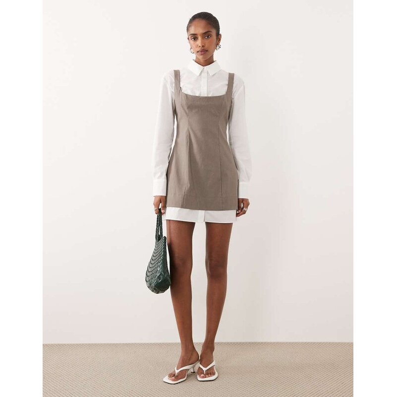 ASOS DESIGN 2 in 1 shirt scoop neck mini dress in light brown 115499730