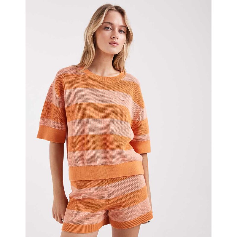 Lacoste knitted stripe short sleeve jumper top in orange blossom 114975200