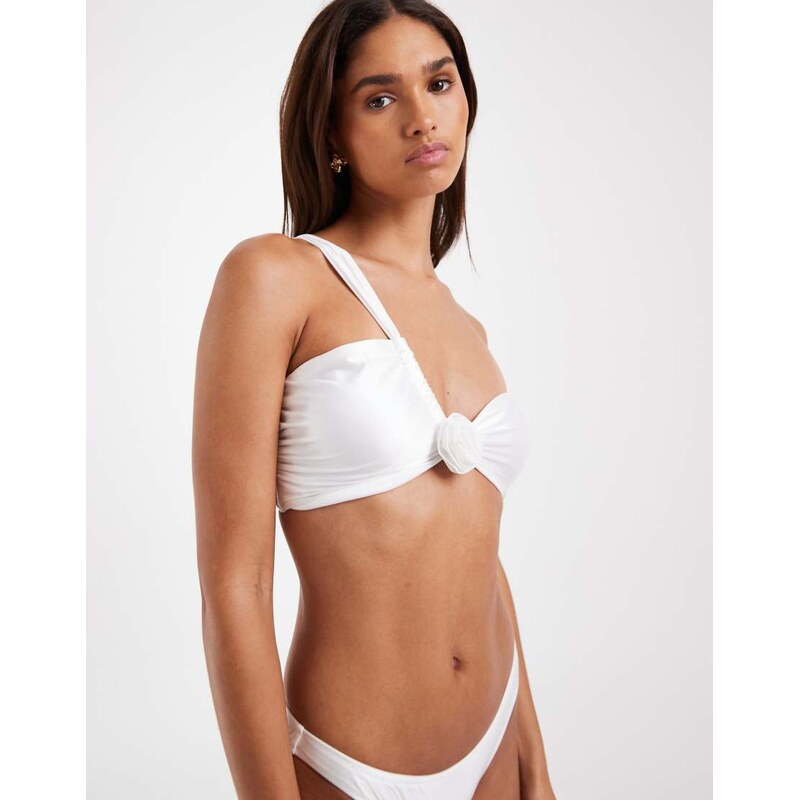 Vero Moda one shoulder bandeau bikini top with floral corsage detail 114975239