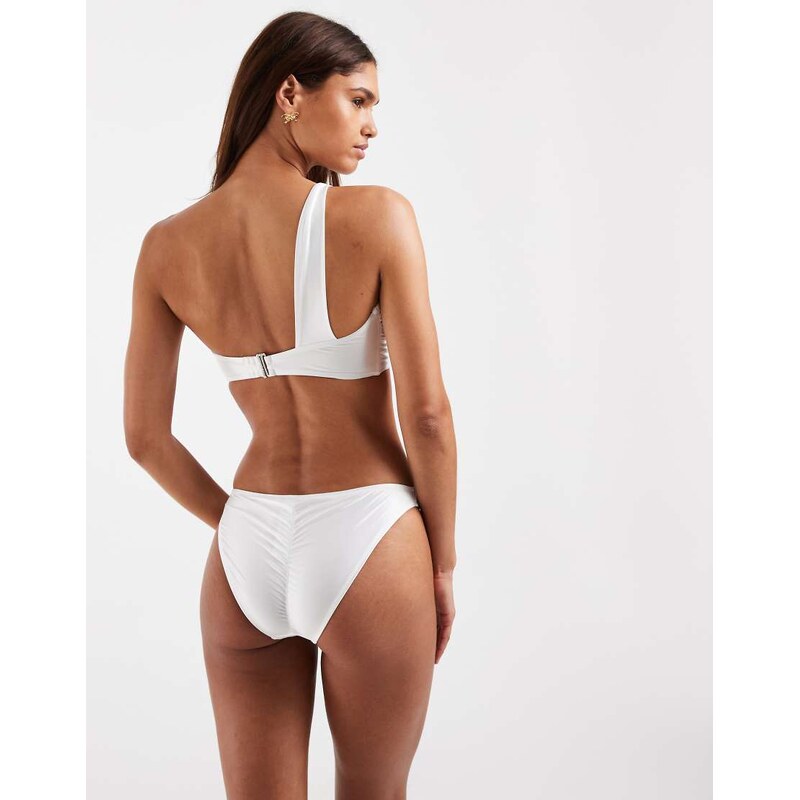 Vero Moda one shoulder bandeau bikini top with floral corsage detail in pearly white