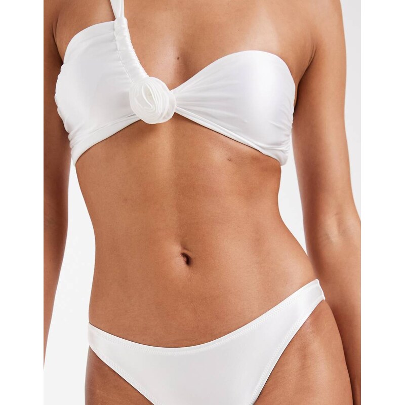 Vero Moda one shoulder bandeau bikini top with floral corsage detail in pearly white