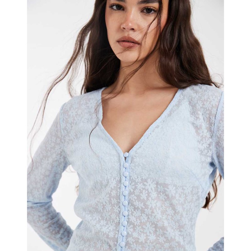 Pieces floral devore button front cardigan in pale blue