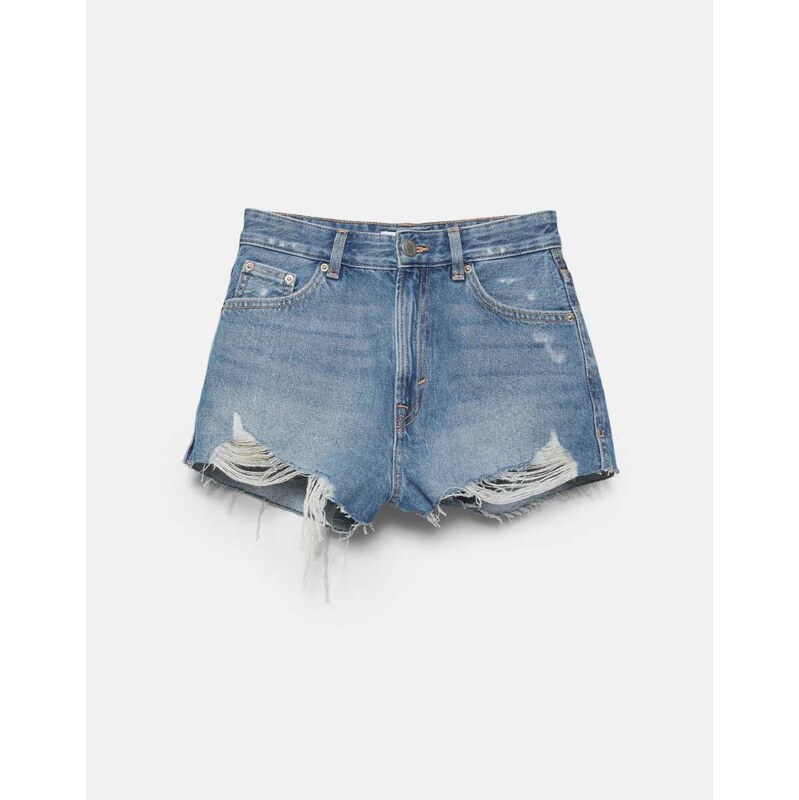 Pull&Bear Mom fit ripped denim shorts in medium blue