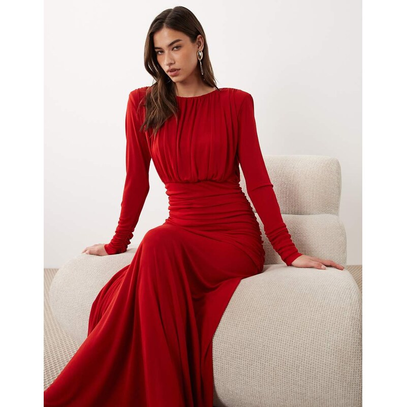 Mango structured long sleeve ruched maxi dress in red