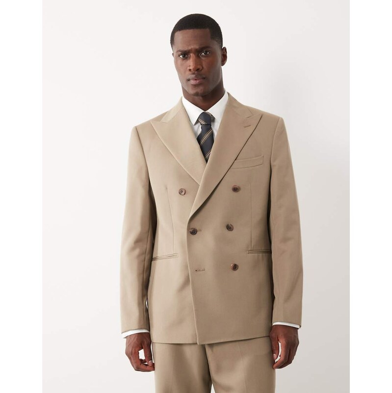 ASOS DESIGN regular double breasted suit jacket in beige-Neutral
