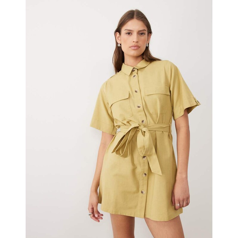Wednesdays Girl button through mini shirt dress in warm khaki