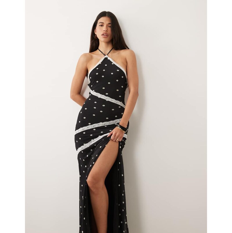 ASOS DESIGN mesh halter mixed polka dot maxi dress in with