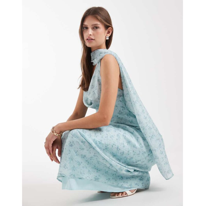ASOS DESIGN satin scarf cowl neck maxi dress in blue floral