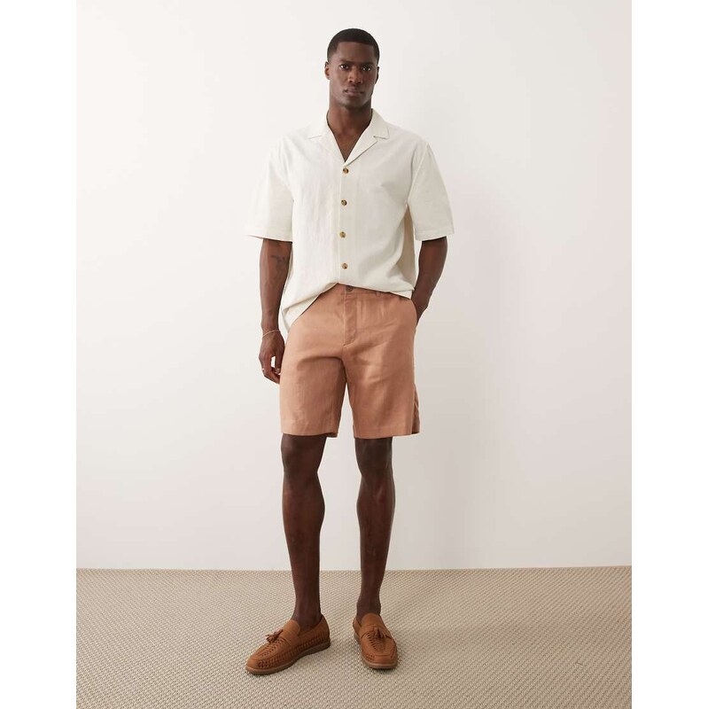 Mango 100% linen slim fit shorts in salmon-Orange