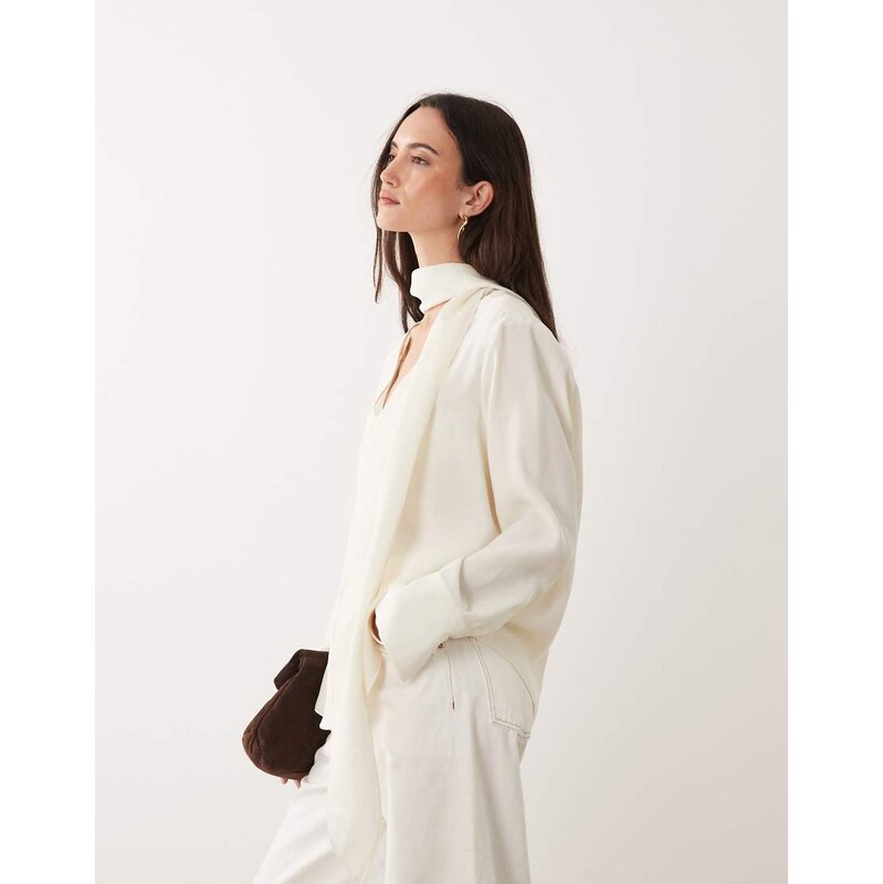Mango v neck blouse with tie neck in cream-Neutral