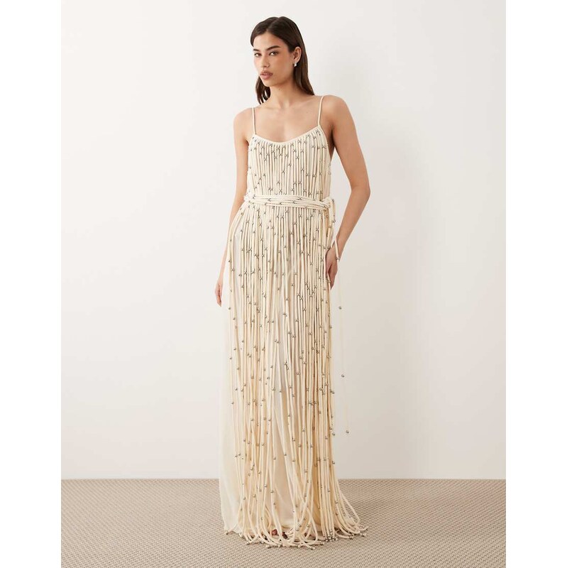 Mango premium beaded tassle maxi dress in cream-Neutral