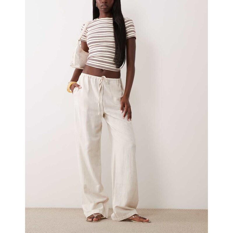 Vila linen touch tie waist wide leg trouser in super light natural 115522264