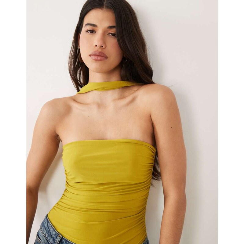 ASOS DESIGN slinky scarf look bandeau bodysuit in olive green