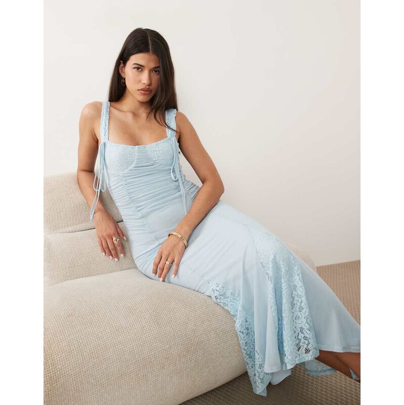 ASOS DESIGN lace mix balconette pencil dress with godet details