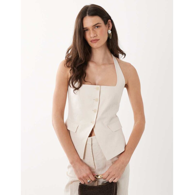 Mango Boreli 100% linen halterneck waistcoat co-ord in cream-Neutral 114975350