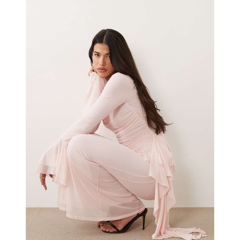 ASOS DESIGN mesh maxi dress with ruching and frill details in