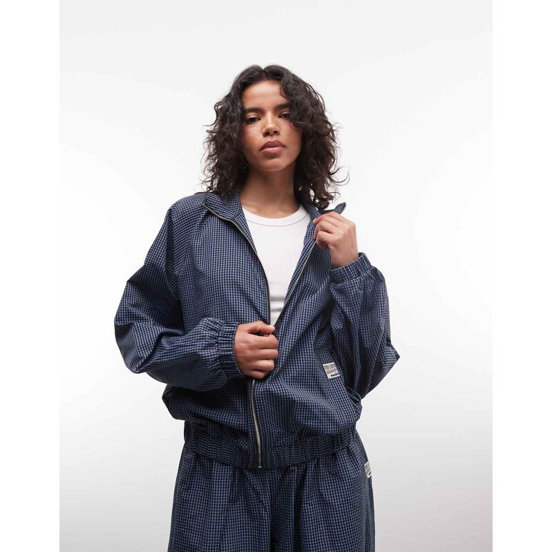 COLLUSION XL baggy nylon track jacket in check co-ord-Blue