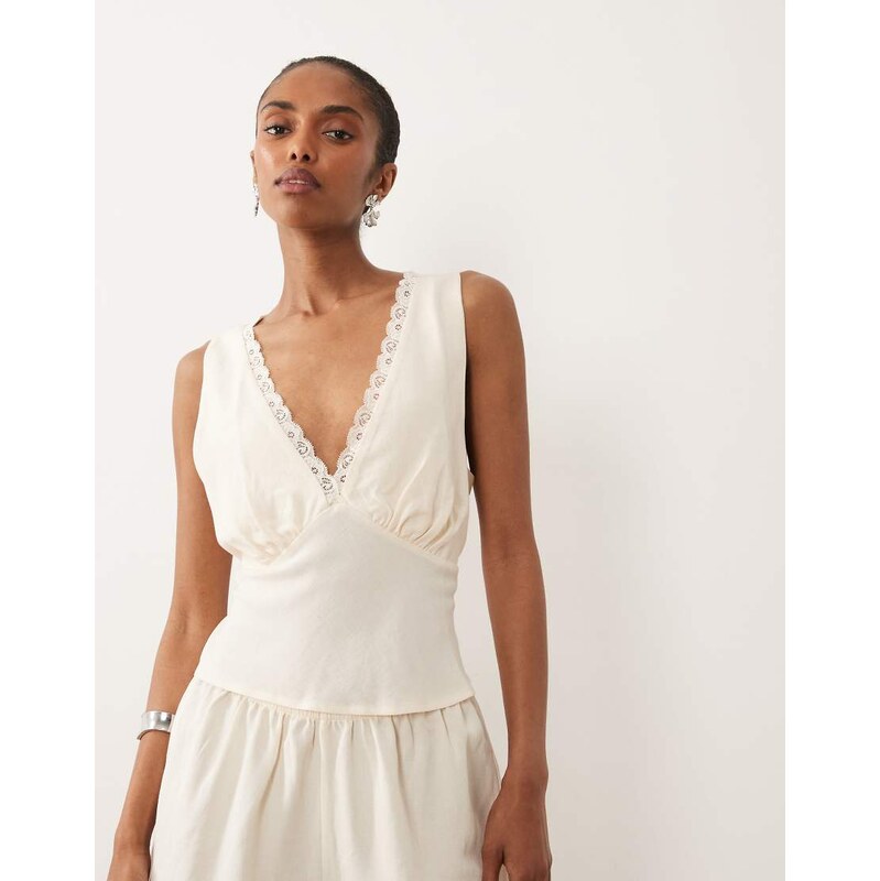 ASOS DESIGN linen blend halter lace trim top in ivory-White