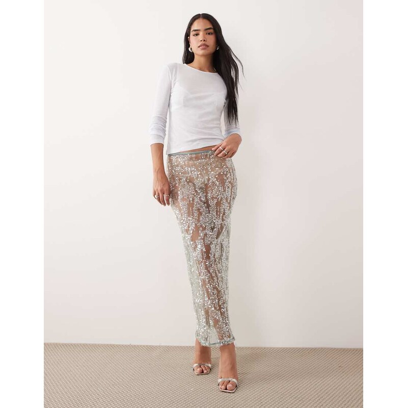 ASOS DESIGN sheer sequin mesh maxi skirt in mint-Green