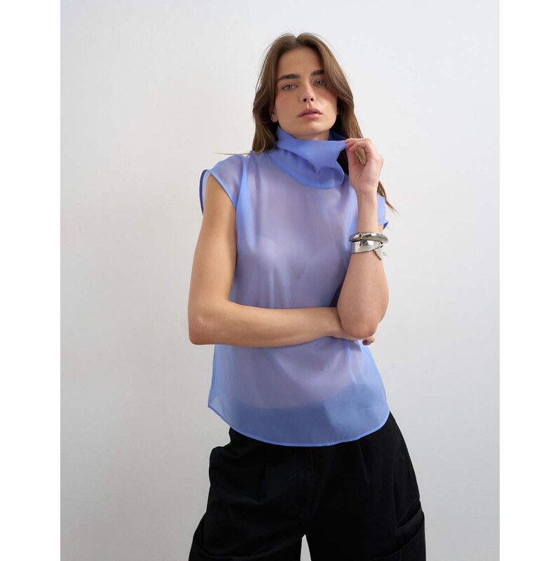 Topshop high neck grown on shoulder sheer organza top in
