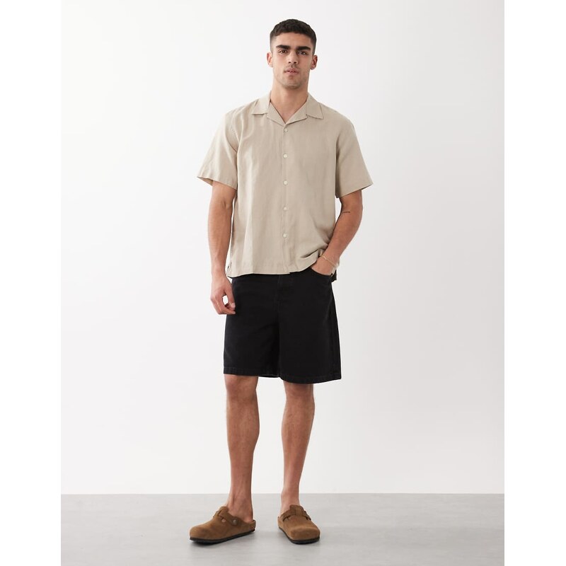 Selected linen blend short sleeve shirt in beige-Grey