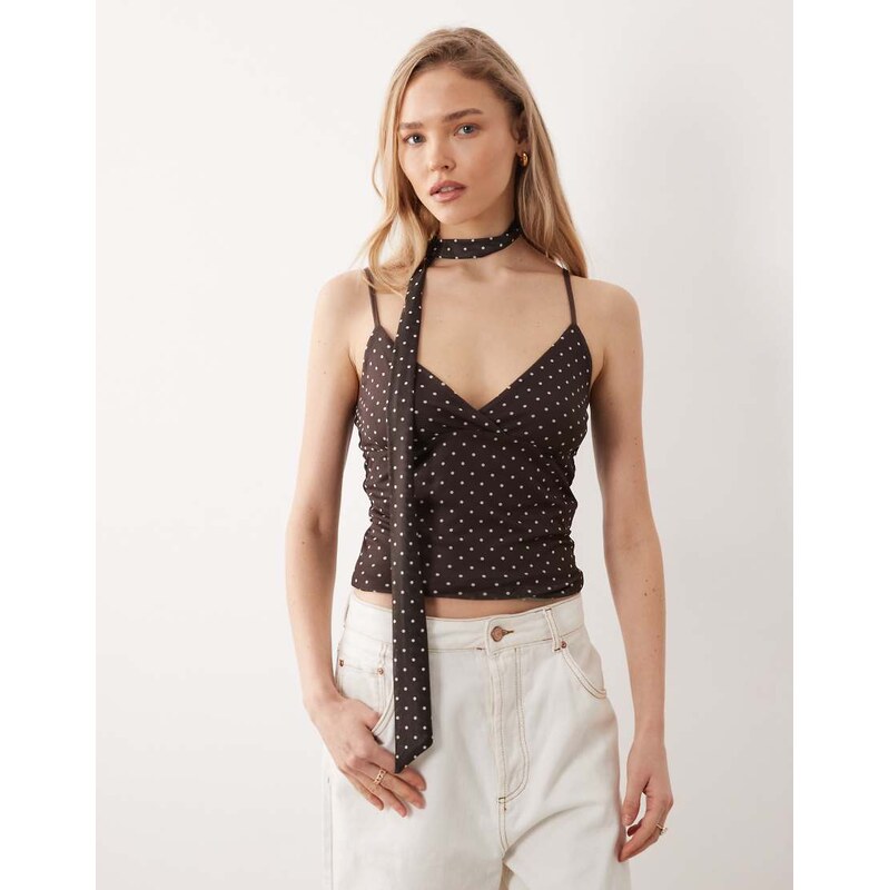 JJXX mesh cami polka dot top with scarf in brown 115521712