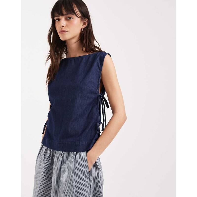 JJXX denim top with tie detail in dark blue
