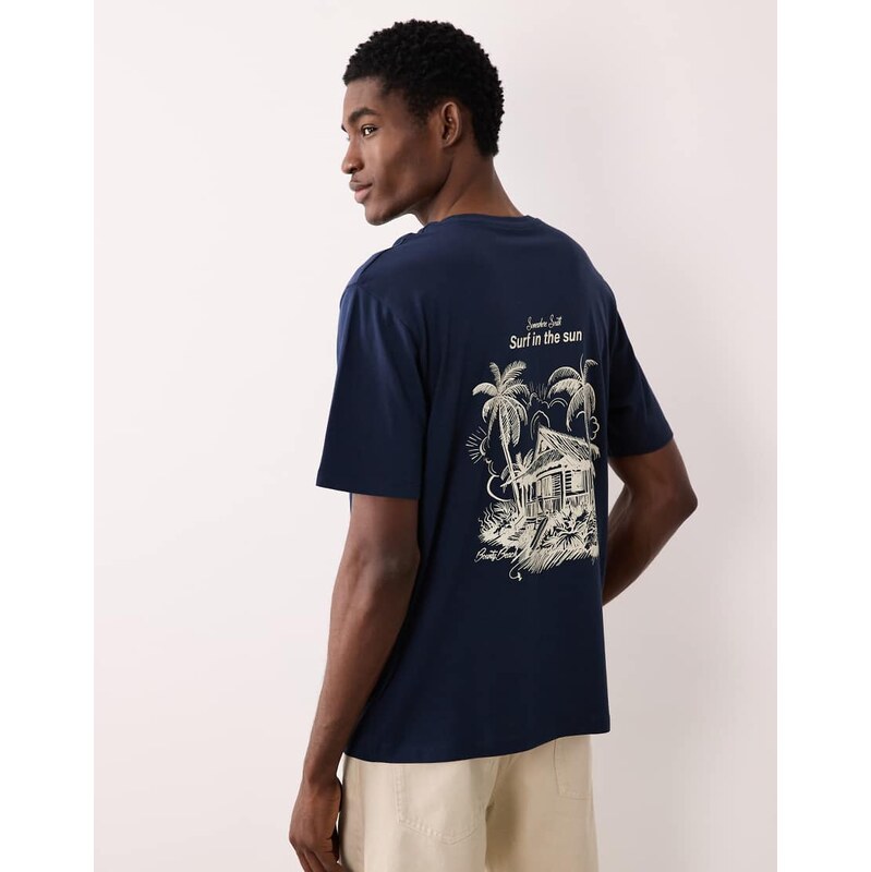 JJ Rebel oversized t-shirt with location backprint in navy