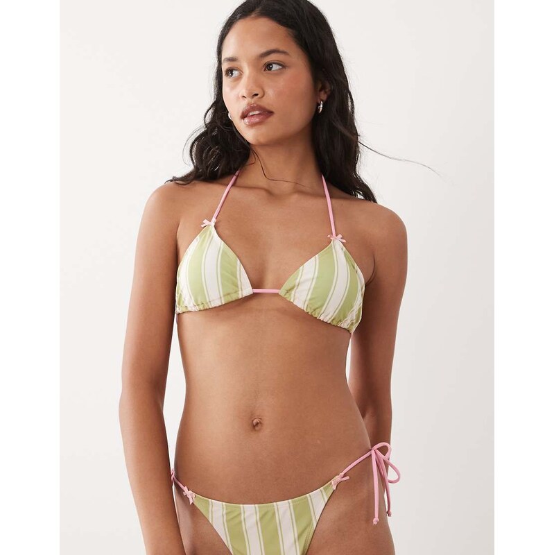 Brave Soul triangle bikini top with bow detail in green and pink