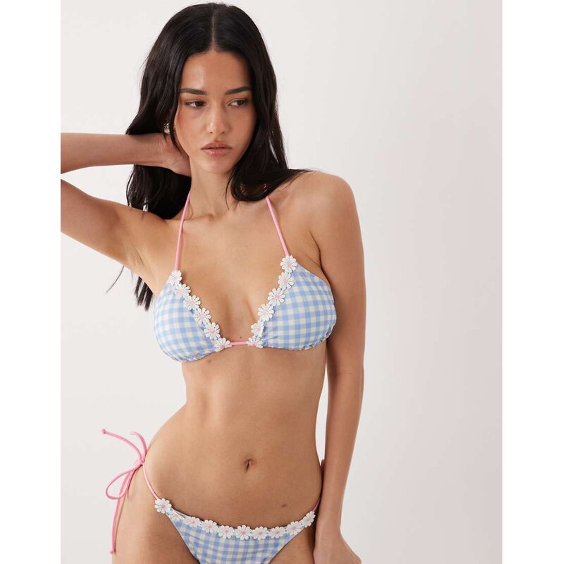 Brave Soul gingham print triangle bikini top with flower embroidery in 114976936